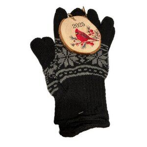 Womens New Black Gray Knit Gloves Cardinal Hand Painted 2025 Ornament Gift